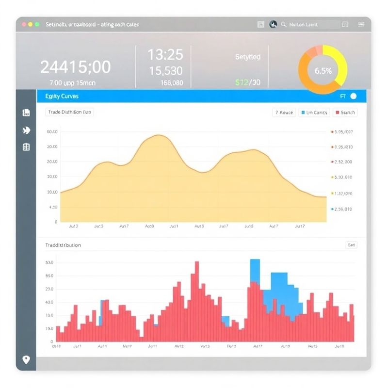 Equity curve with drawdown bands and a trade distribution histogram on a clinical data dashboard
