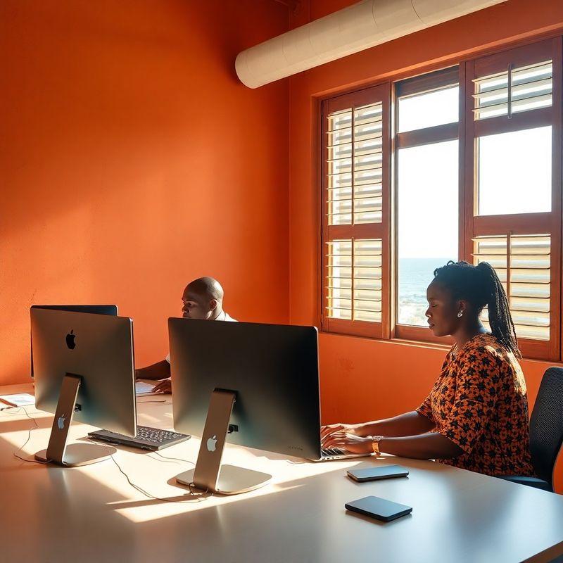 Small tech team working at desks in a Malindi office with ochre walls and Indian Ocean light