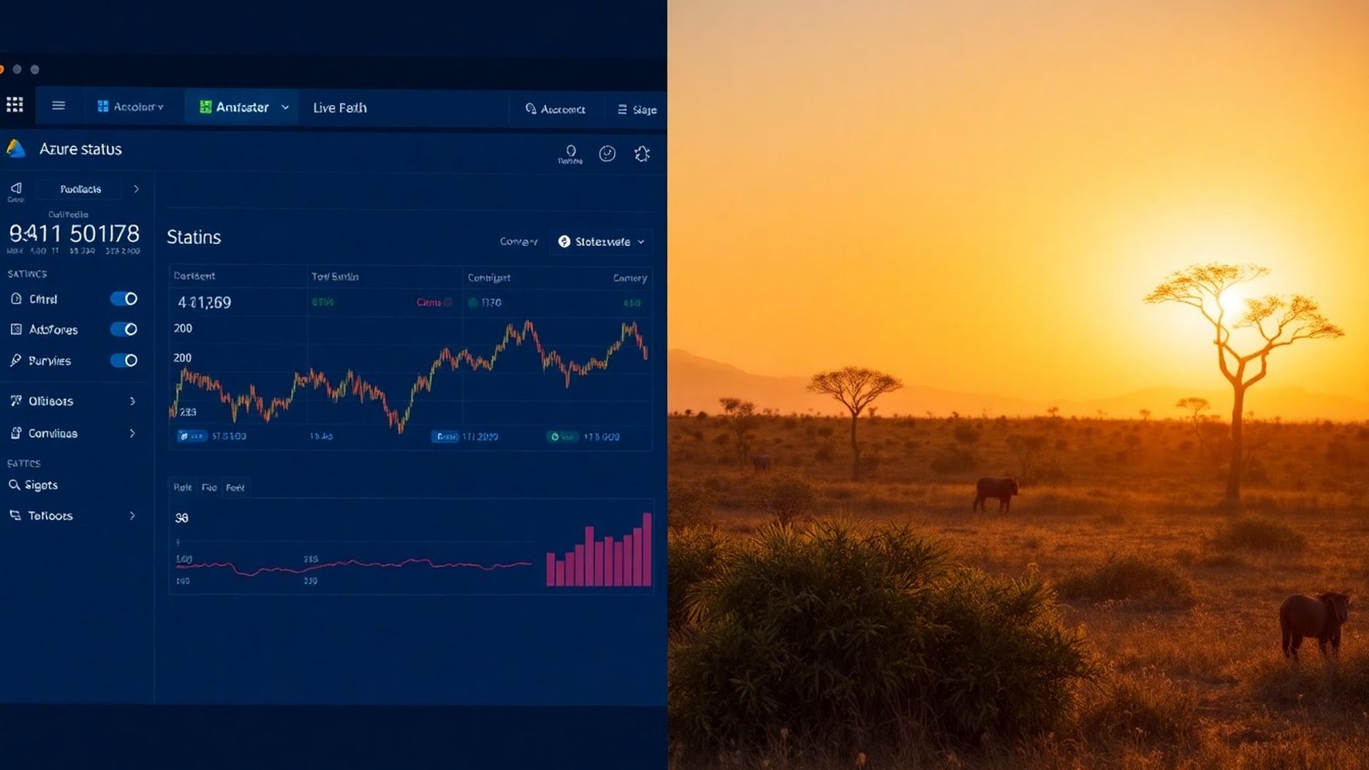 Split view of a Quivarra broker-connection dashboard alongside the Kenyan coast at golden hour