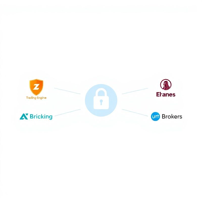 Diagram showing a secure API connection flowing between a trading engine and three broker logos